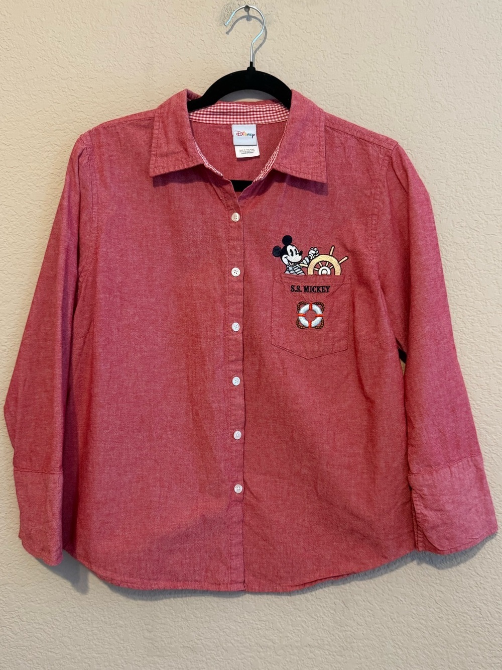 Disney Mickey Red Chambray Embroidered 3/4 Sleeve Button Up Shirt nautical Sz L